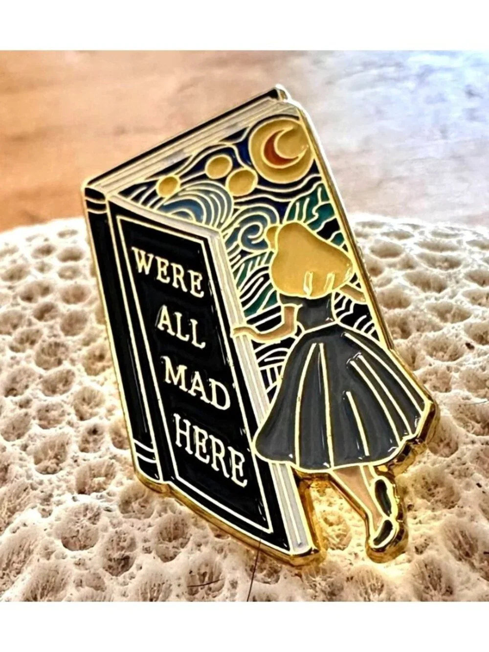 Alice in Wonderland Pin We’re All Mad Here Book Design Starry Night Rabbit Hole